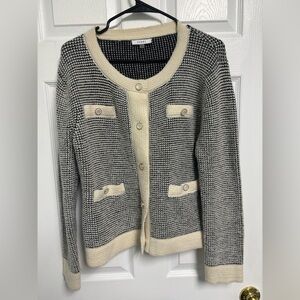 Sioni Preppy Chic Knit Cardigan Cream & Black Trim Button Sweater Women’s Large